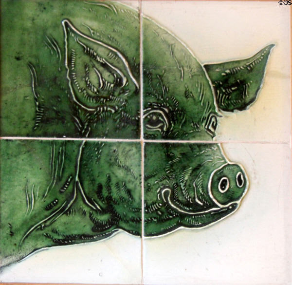 Butcher shop pig tile detail at Jackfield Tile Museum. Ironbridge, England.