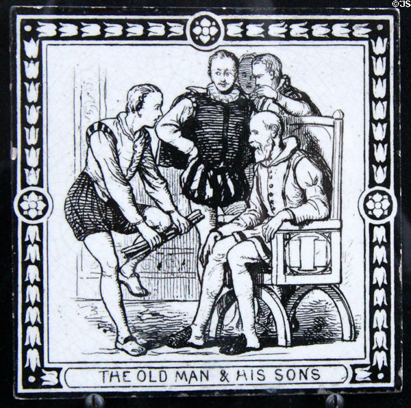 Aesop's Fable of Old Man & His Son (from set of 12 transfer printed tiles) (c1880) by C.O. Murray for Maw & Co at Jackfield Tile Museum. Ironbridge, England.