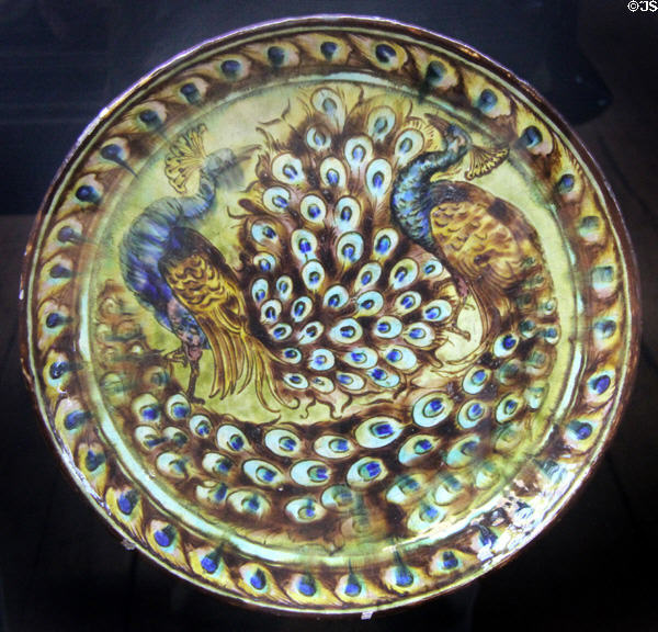 Peacock ceramic plate (c1888-97) by William De Morgan at Jackfield Tile Museum. Ironbridge, England.