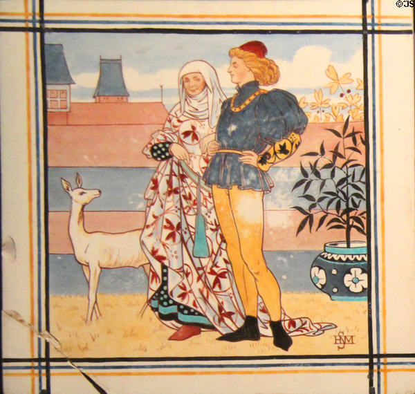Seven Ages of Man series tile (c1873) by Henry Stacy Marks for Minton's Art Pottery Studio of Kensington Gore at Gladstone Pottery Museum. Longton, Stoke, England.