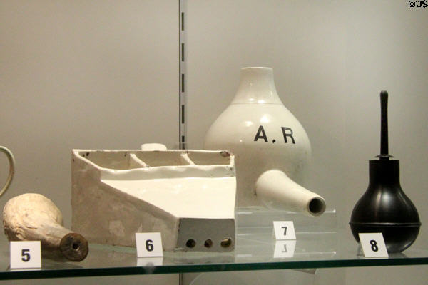 Tools for applying slip to decorate pottery over the years at Potteries Museum & Art Gallery. Hanley, Stoke-on-Trent, England.