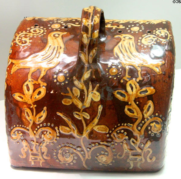 Slip decorated dutch oven (1700-40) made in Straffordshire at Potteries Museum & Art Gallery. Hanley, Stoke-on-Trent, England.