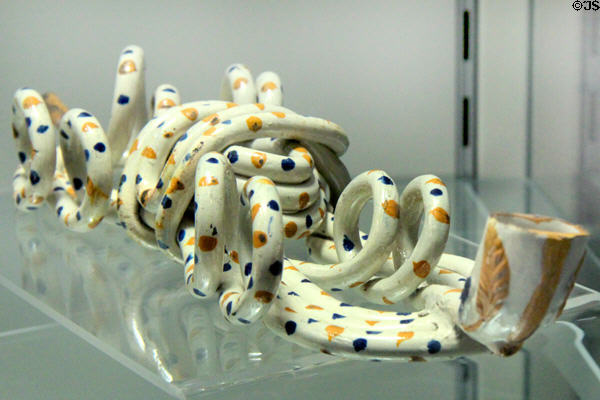 Earthenware ornamental tobacco pipe (c1820) prob. from Staffordshire or Yorkshire at Potteries Museum & Art Gallery. Hanley, Stoke-on-Trent, England.