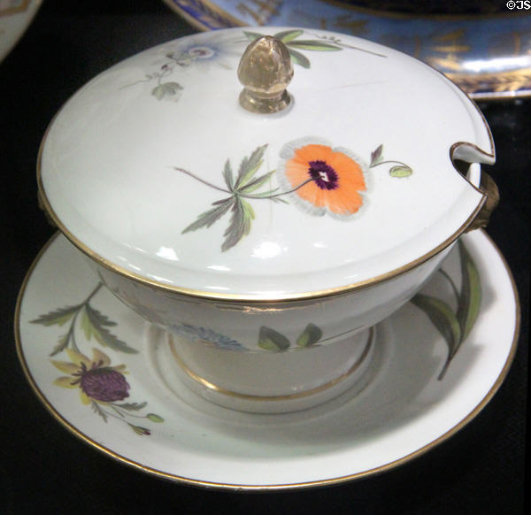 Bone china covered tureen with overglaze flower & gilding 1818-22 by Frederick/Ann Peover of Hanley, Stoke, Staffordshire at Potteries Museum & Art Gallery. Hanley, Stoke-on-Trent, England.