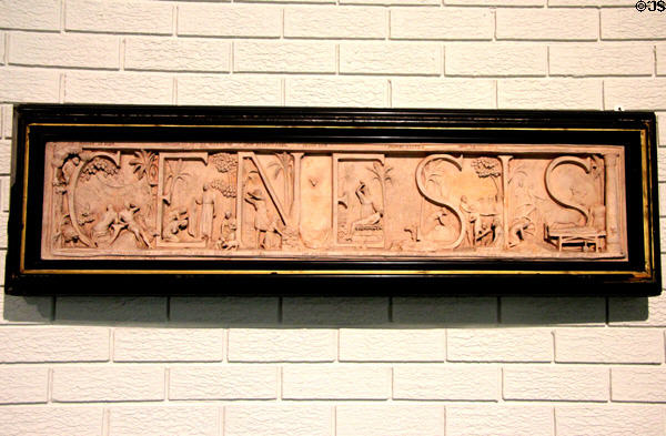 Unglazed terracotta panel depicting book of Genesis (c1886) by George Tinworth for Doulton & Co. of Lambeth, London at Potteries Museum & Art Gallery. Hanley, Stoke-on-Trent, England.