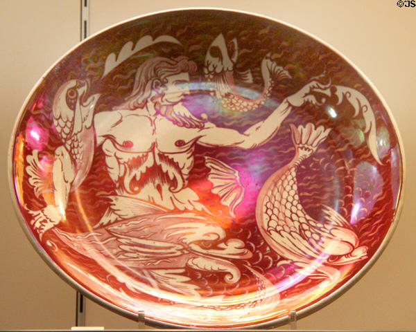 Earthenware vase with exotic bird plus red lustre glaze (c1880s) by William de Morgan at Potteries Museum & Art Gallery. Hanley, Stoke-on-Trent, England.