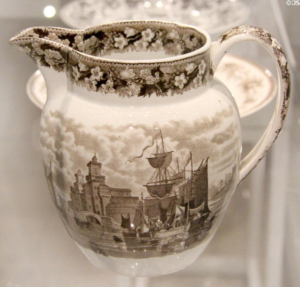 Wedgwood creamware brown Ferrara pattern transfer printed jug (c1830-40) at World of Wedgwood. Barlaston, Stoke, England.