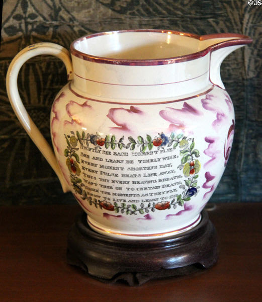 Staffordshire pottery jug with transfer printed & hand-colored verse (1850) at Wightwick Manor. Wolverhampton, England.