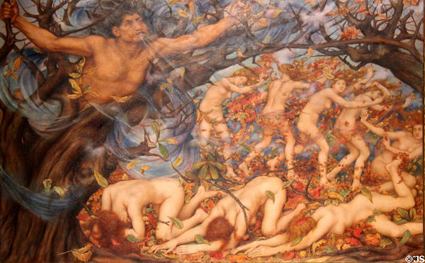 Boreas & the Fallen Leaves painting (c1910-4) by Evelyn De Morgan in private collection. England.