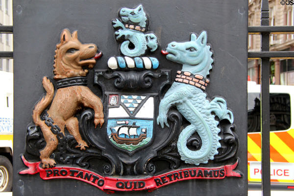 City crest on fence at Belfast City Hall. Belfast, Northern Ireland.