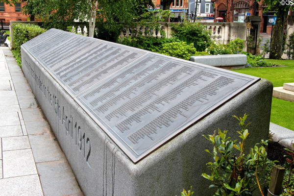 Names of victims lost in sinking of RMS Titanic (April 15, 1912) on Titanic Memorial at grounds of Belfast City Hall. Belfast, Northern Ireland.