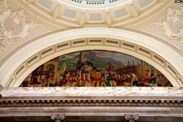 Sir Arthur Chichester, founder of Belfast, reading from King James I's Royal Charter of 1613 painting (1951) by John Luke at Belfast City Hall. Belfast, Northern Ireland.