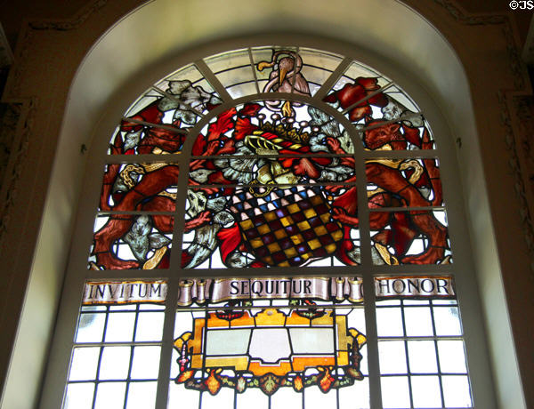 Stained glass windows in Council Chamber at Belfast City Hall. Belfast, Northern Ireland.