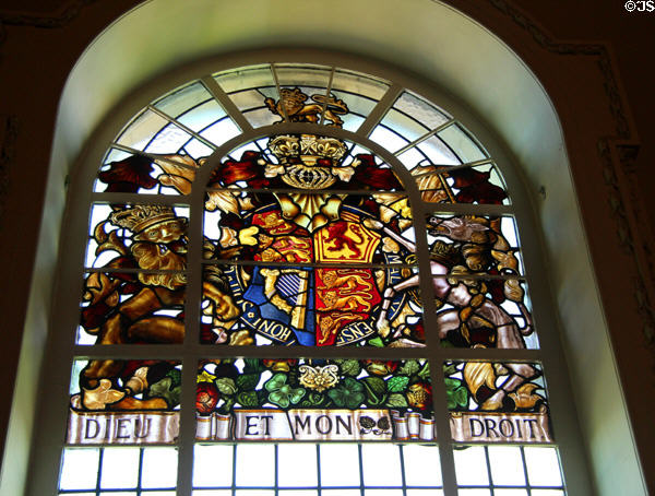 Stained glass windows in Council Chamber at Belfast City Hall. Belfast, Northern Ireland.