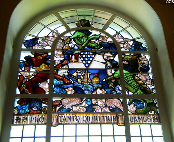 Stained glass windows in Council Chamber at Belfast City Hall. Belfast, Northern Ireland.