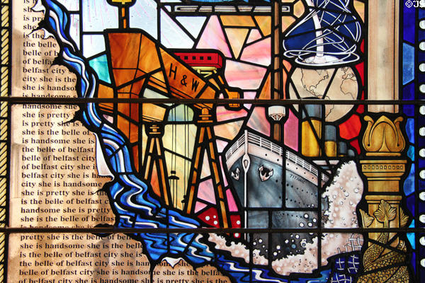 Detail of Titanic built with Harland & Wolff cranes on Belfast City Hall 1906-Centenary window (2006) by Ann Smyth at Belfast City Hall. Belfast, Northern Ireland.