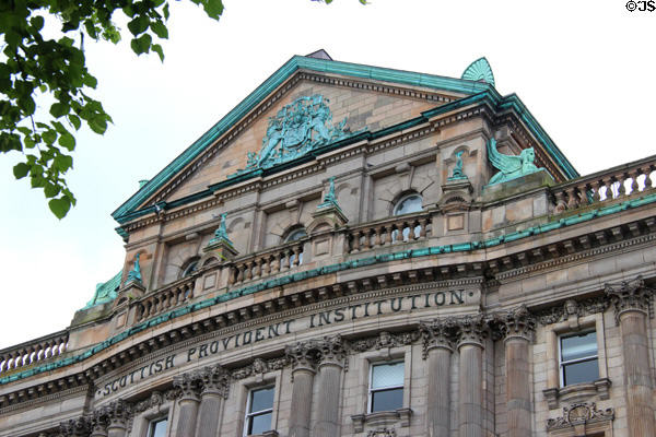 Upper level details of Scottish Provident Institution on Donegall Square. Belfast, Northern Ireland.