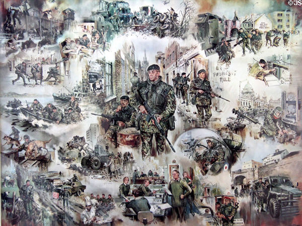 Scenes of British Troops in Northern Ireland graphic at Linen Hall Library. Belfast, Northern Ireland.
