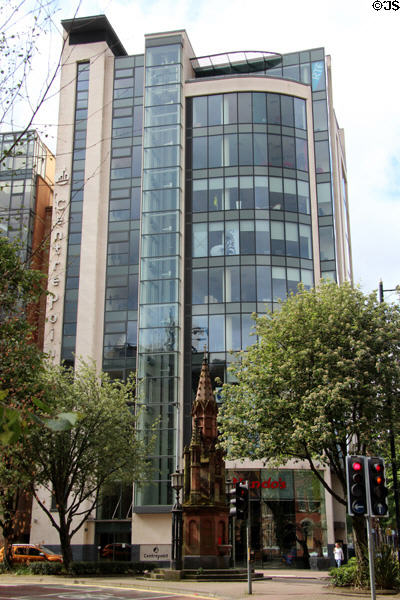 Centrepoint building (24 Ormeau Ave.) beyond Thompson Memorial Fountain (1885). Belfast, Northern Ireland.