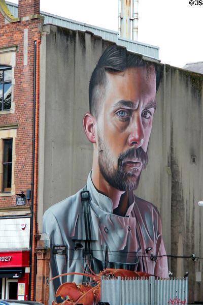 Mural of chef with lobster. Belfast, Northern Ireland.