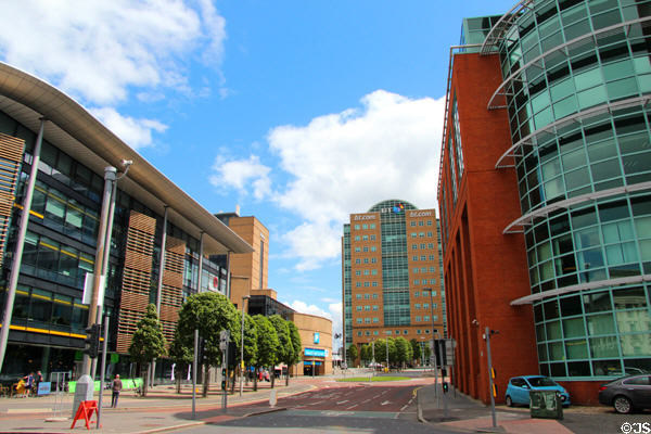 Modern commercial buildings along Lanyon Place. Belfast, Northern Ireland.