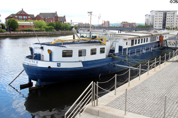Belfast Barge maritime history museum at Lanyon Quay aboard converted Dutch ship Confiance. Belfast, Northern Ireland.
