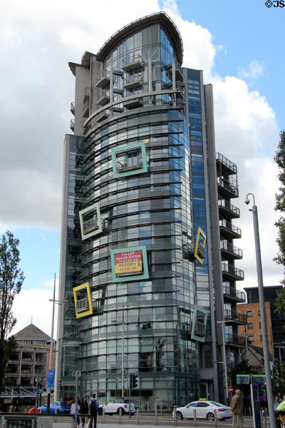 The Boat (2007) (49 Queen's Square) sports picture frames on balconies. Belfast, Northern Ireland. Architect: Todd Architects.