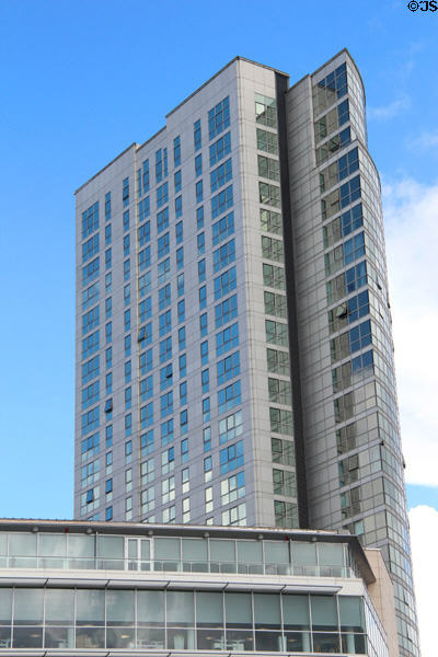 Upper stories of Obel Tower (2006) (62 Donegall Quay) beside Lagan River. Belfast, Northern Ireland.
