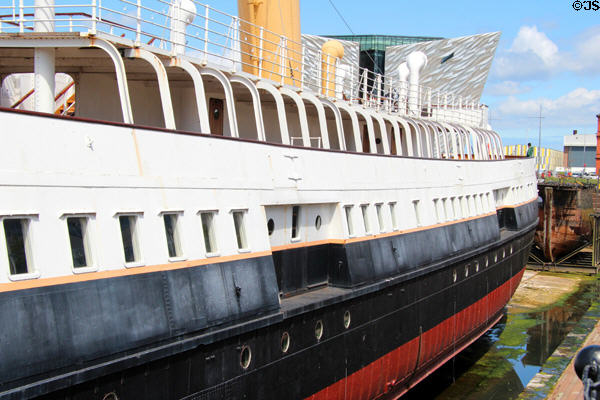 Nomadic Cherbourg in dry dock at Titanic Quarter. Belfast, Northern Ireland.