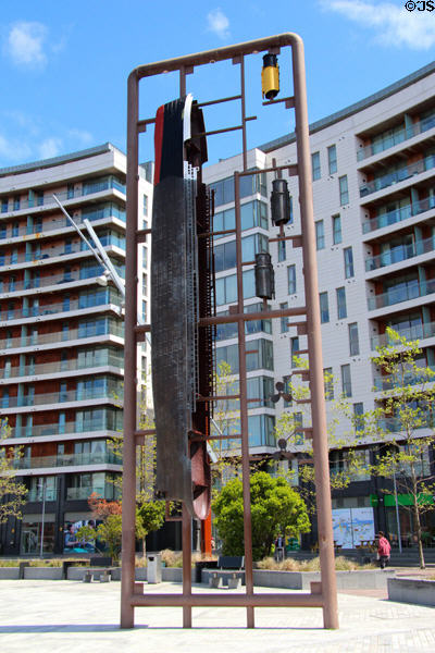 Sculpture of hanging Titanic & funnels at Titanic Quarter. Belfast, Northern Ireland.