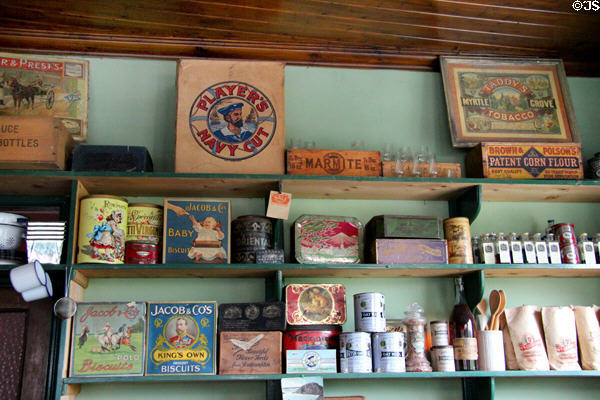 Antique cans & boxes in corner store at Ulster Folk Park. Belfast, Northern Ireland.