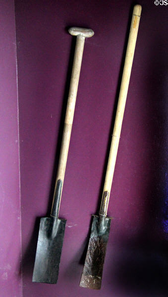 Examples of narrow potato shovels produced by Coalisland Spade Mill at Ulster Folk Park. Belfast, Northern Ireland.