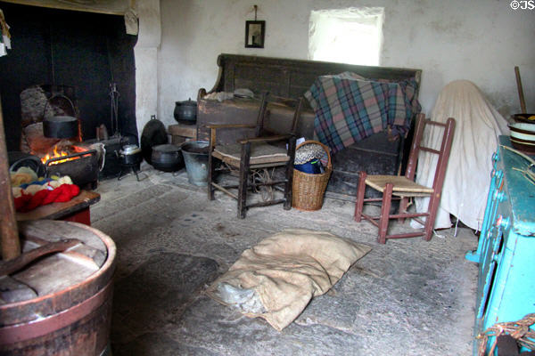 Interior of Ballyveaghmore farm thatched building at Ulster Folk Park. Belfast, Northern Ireland.