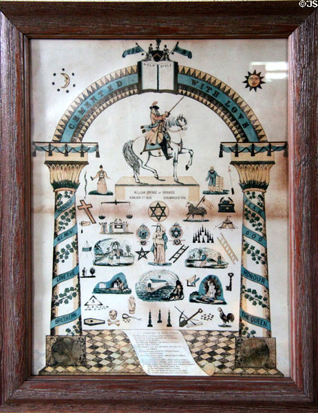 Graphic of King William & other symbols of Orange order in Hand & Pen Orange Lodge 597 at Ulster Folk Park. Belfast, Northern Ireland.