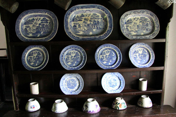 Sideboard rack with blue porcelain in Ballydugan Weaver's house at Ulster Folk Park. Belfast, Northern Ireland.