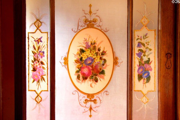 Painted glass door panel in Northern Bank building at Ulster Folk Park. Belfast, Northern Ireland.