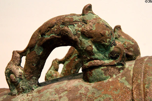 Detail of handles on Bronze siege gun from wreck (1588) of Spanish Armada ship La Trinidad Valencera at Ulster Museum. Belfast, Northern Ireland.