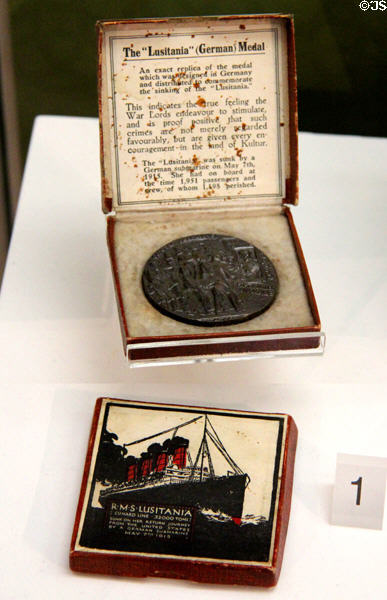 RMS Lusitania Medal (1915) marks German sinking of Cunard Line passenger ship off County Cork, Ireland with loss of 1,198 lives at Ulster Museum. Belfast, Northern Ireland.