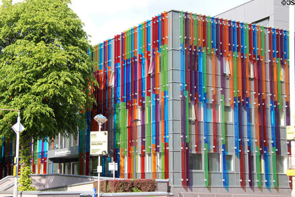 Computer Science Building with colored panels by Vanceva at Queen's University Belfast. Belfast, Northern Ireland.