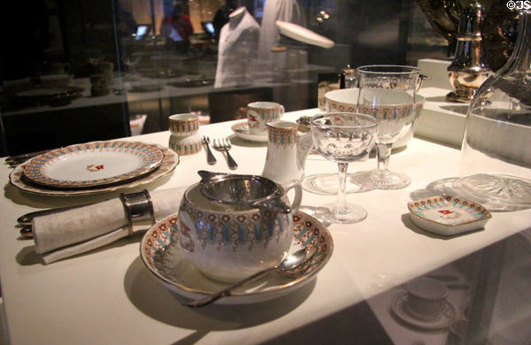 Titanic & Olympic place setting at Ulster Transport Museum. Belfast, Northern Ireland.