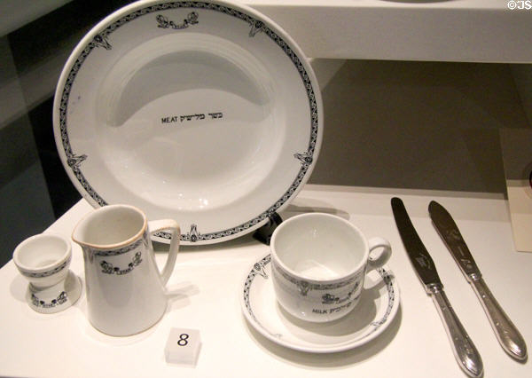 Titanic & Olympic Kosher porcelain china at Ulster Transport Museum. Belfast, Northern Ireland.