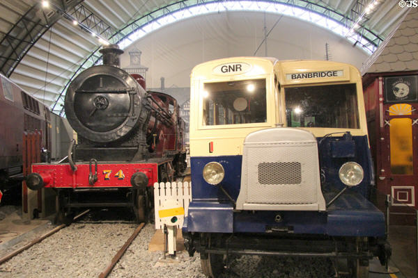 LMS NCC steam locomotive no. 74 'Dunluce Castle' (1924) & GNR railbus no. 1 (1928) at Ulster Transport Museum. Belfast, Northern Ireland.