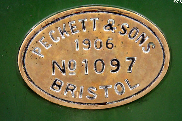 Maker's plate of Peckett steam locomotive no. 2 (1906) of British Aluminium Co, Larne, County Antrim at Ulster Transport Museum. Belfast, Northern Ireland.