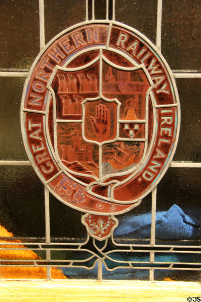 Stained glass window of Great Northern Railway Ireland private Director's Saloon no. 47 (1844) at Ulster Transport Museum. Belfast, Northern Ireland.