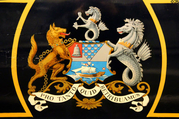 Coat of arms of Belfast on city tram at Ulster Transport Museum. Belfast, Northern Ireland.