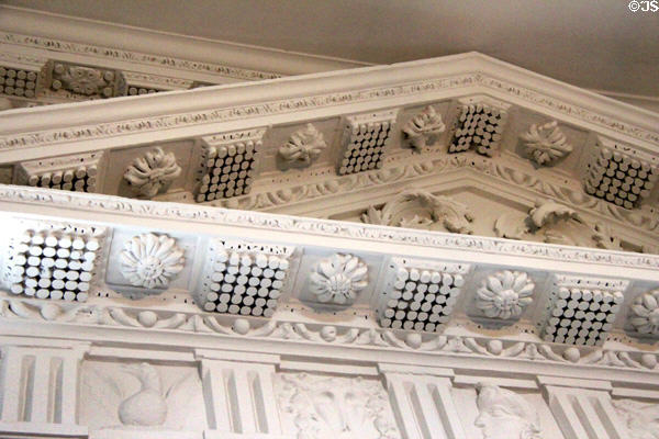 Plasterwork pediment with ancient Greek Palladian designs at Florence Court. Enniskillen, Northern Ireland.