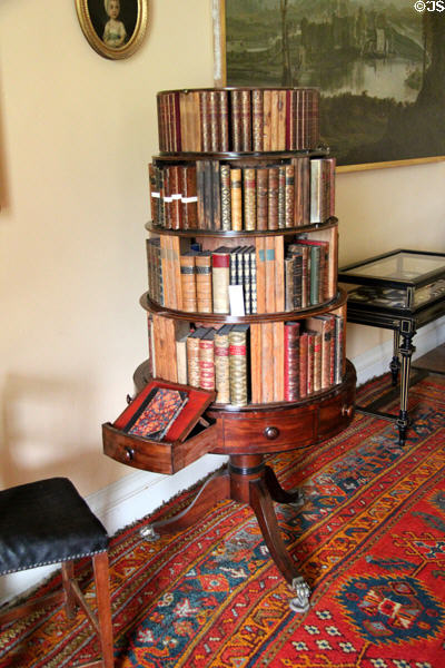 Round bookshelf with pullout drawer with lectern at Florence Court. Enniskillen, Northern Ireland.