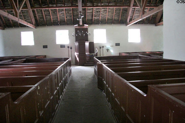 Meeting House interior at Ulster American Folk Park. Omagh, Northern Ireland.