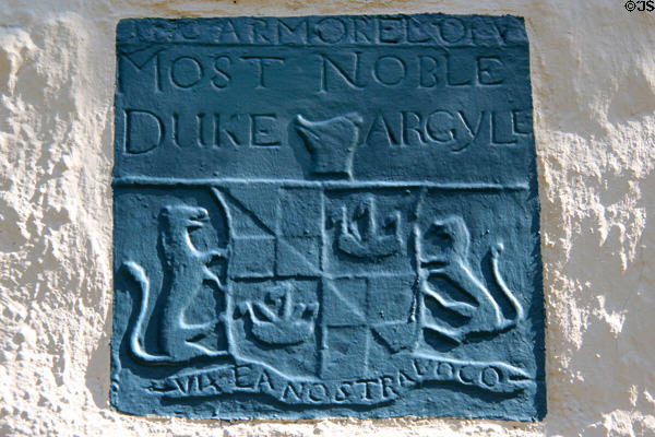 Campbell House coat of arms plaque (1786) at Ulster American Folk Park. Omagh, Northern Ireland.