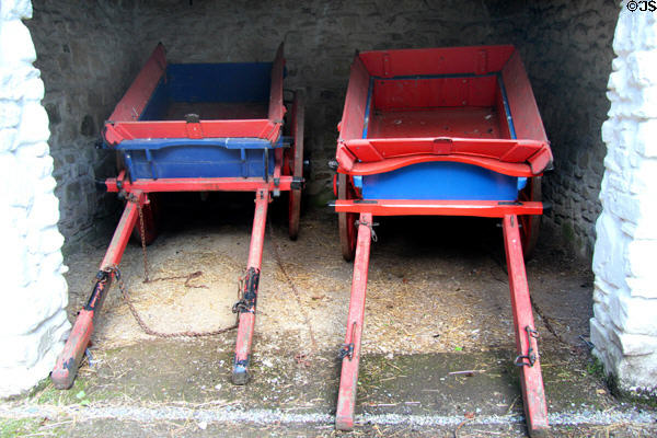 Horse carts at Hughes House at Ulster American Folk Park. Omagh, Northern Ireland.